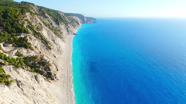 Aerial View of Egremni Beach, Lefkada Island, Greece with Turquoise Waters, White Limestone Cliffs and Stunning Ionian Sea Coastline