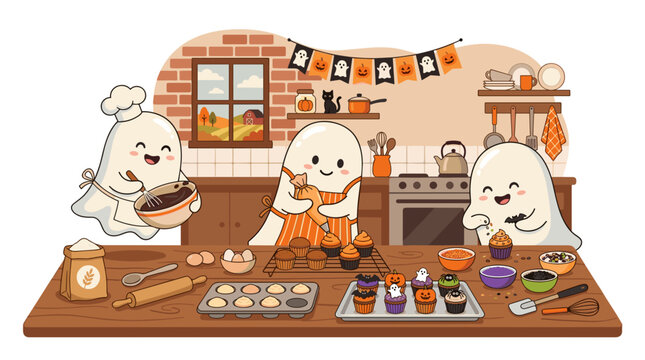 Cute ghosts baking Halloween cupcakes in a cozy kitchen