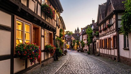Obraz premium Charming European cobblestone street with historic timber-framed buildings and blooming flowers at dusk