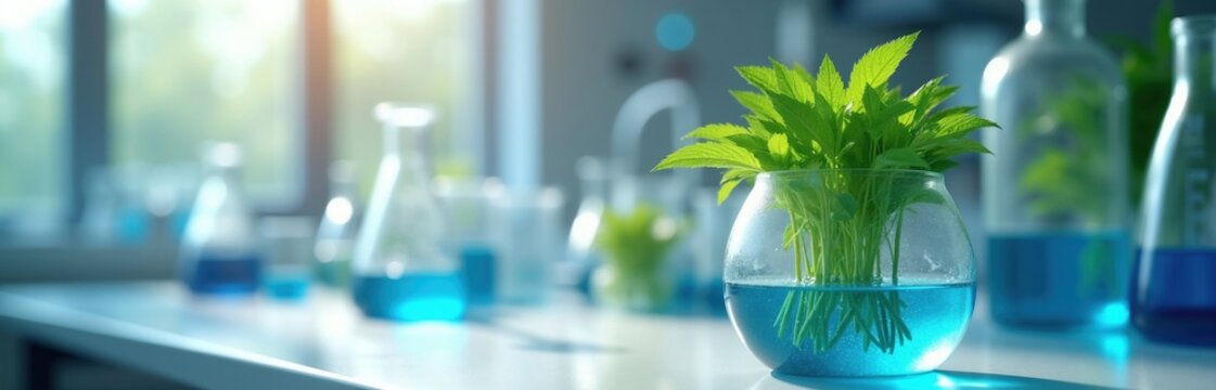 Green plant grows in beaker with blue liquid. Scientific lab equipment like flasks and tubes are on table. Research for sustainable future and new fuel source.