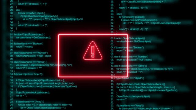Cyber security digital threat warning alert with glowing red neon and scrolling software programming code background, for network protection, data breach prevention, and information technology 