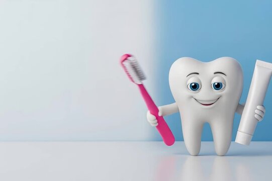 Dental oral care toothbrush toothpaste tooth mascot hygiene smile blue background with copy space. Friendly character holds brush and toothpaste tube for kids brushing, oral care branding and ad uses.