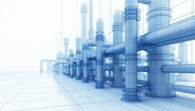 Abstract blueprint of industrial pipe system showing metal tubes. Engineering schematic draft of manufacturing plant structure. Wireframe graphic of factory pipeline infrastructure. Technical drawing