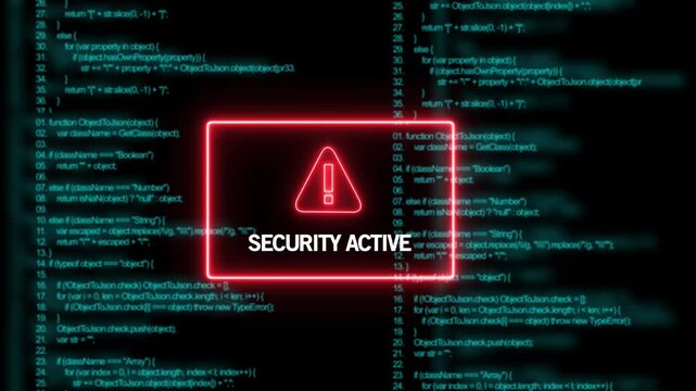 Cyber security active warning sign with glowing red neon frame overlaid on scrolling digital software source code background, for advanced data, protection, network defense, and information
