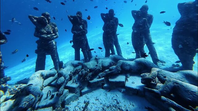 Colorful reef fish swim around submerged statues near Gili Meno, Indonesia. The underwater sculpture garden creates a unique habitat and stunning marine scene for divers and snorkelers.