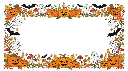 Fototapeta premium Halloween decorative border with pumpkins ghosts bats and autumn leaves