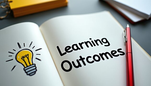Notebook open on desk displays learning outcomes text with yellow lightbulb icon next to red pen. Business office desk setup focuses on academic success, corporate training development goals. Student