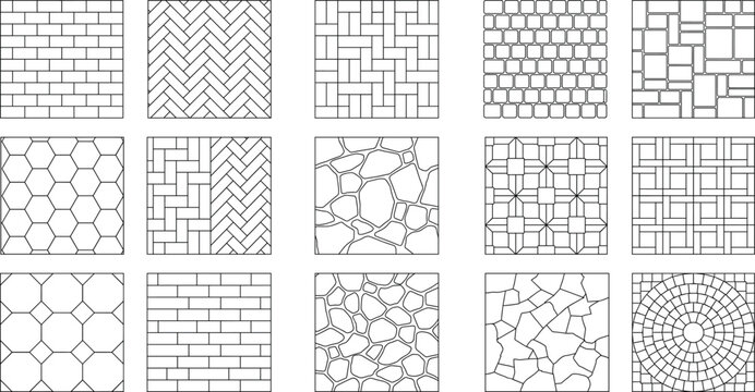 Architectural technical hatches of pavement textures and outdoor flooring patterns vector line art collection