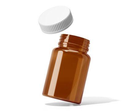 Amber medicine bottle with white screw cap isolated on transparent background