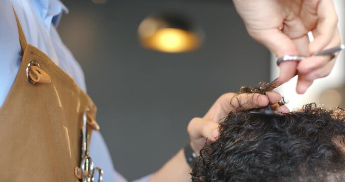 African American male barber and client in shop, in apron lifting curls, snipping shears, shaping