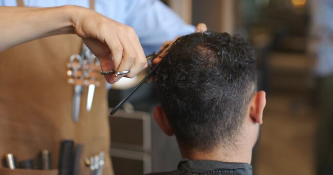 Male barbers, barber lifting hair with comb while using scissors to shape haircut in shop