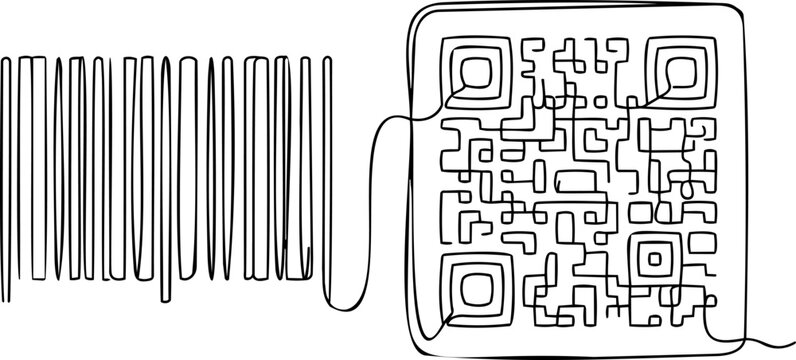 Continuous one line drawing of generic product barcode and digital matrix code scan concept vector