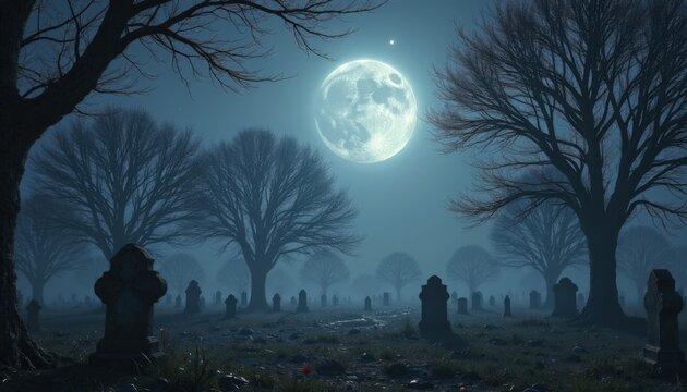 Spooky graveyard scene under full moon with eerie atmosphere featuring tall trees and stone tombstones. Nighttime graveyard in misty setting enhances mysterious feeling. Concept for Halloween themes.