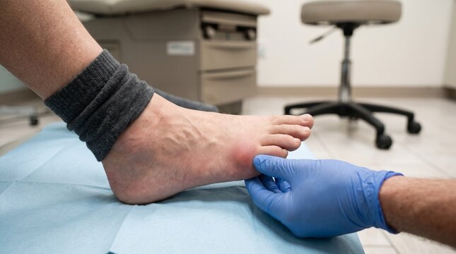 Doctor examining swollen red bunion on patient foot in medical clinic