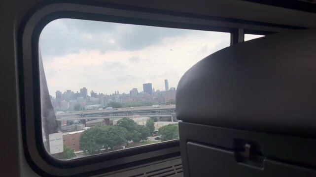 Cityscape view from a moving train window