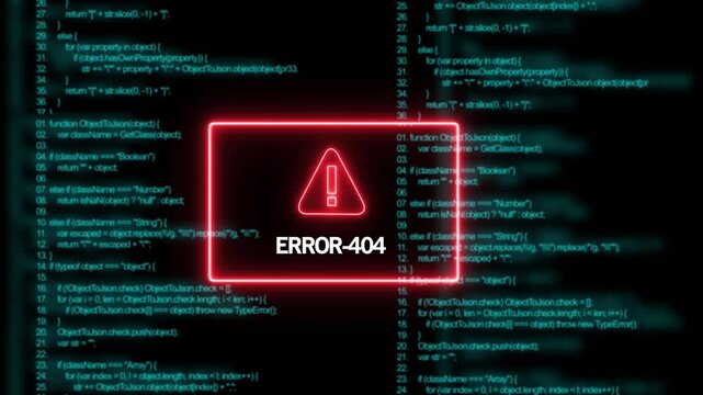 Digital error 404 page not found notification with glowing red neon warning symbol overlaid on scrolling computer programming source code background, for cybersecurity, software, development, and it