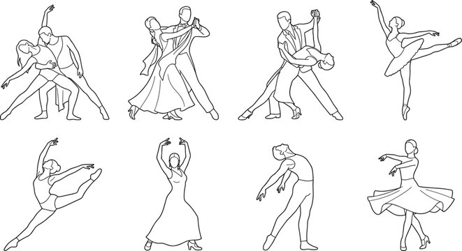 Minimalist line art vector illustration collection of dancers performing ballet, ballroom, tango, and contemporary dance styles on white background