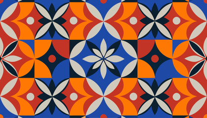 Fototapeta premium Bright geometric floral wallpaper showcasing balanced symmetry and timeless ornamental beauty together.