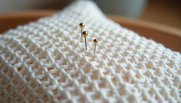 Elegant sewing pins on textured fabric background for crafting and sewing projects, showcasing shiny gold heads and white material. Ideal for textile art, creative hobbies, and crafting inspiration.