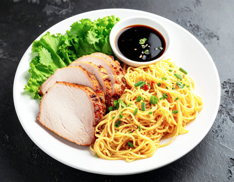 Grilled pork slices with ramen noodles, fresh herbs, and dipping sauce. Asian food. AI