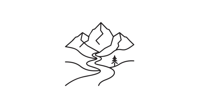 Minimalist hand drawn mountain landscape sketch with winding river and pine tree mountain landscape