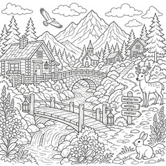Fototapeta premium Black and white mountain village landscape with bridge and road