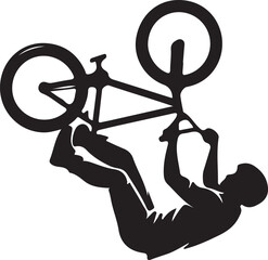 Obraz premium Silhouette of extreme cyclist performing aerial flip trick with bicycle against white background