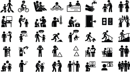 Obraz premium Set of black and white safety and daily life activity icons showing people performing various household tasks and emergency procedures in a simple flat graphical design style