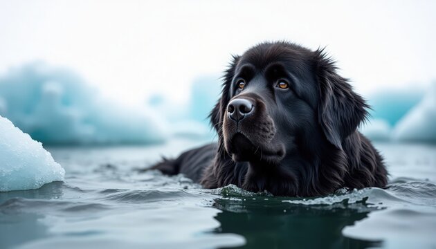 Black Newfoundland dog swimming in icy water with floating icebergs nearby. The dog displays strong swimming skills in cold conditions, showcasing a bond with nature.