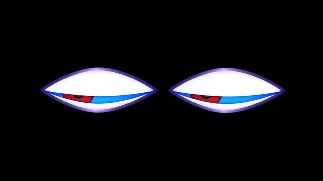Beautiful glowing creature eyes tracking left and right with smooth vector motion on black background, eye 2d animation with alpha channel, suited for cute reactions or friendly character intros, 4k