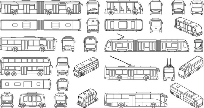 Public transport vehicle blueprint set with side top front back and isometric view line art vector templates