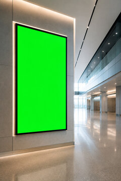 Large vertical digital billboard mockup with green screen in a modern office lobby.