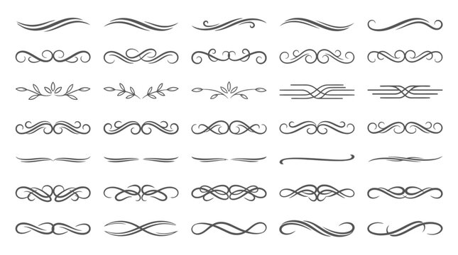 Set of elegant calligraphic flourishes and page dividers for wedding stationery design.