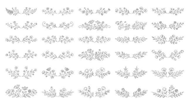 Rustic hand drawn floral dividers with flowers and leaves for wedding stationery ornaments.