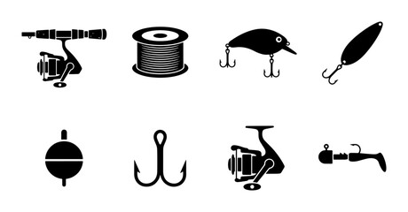 Fishing Gear Icons Set: Rods, Reels, Lures, Hooks, Bobbers, Line Spool, Vector Graphics © Raka
