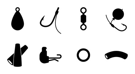 Fishing Tackle Icons Set, Angling Gear Graphics, Lures, Hooks, Weights, Swivels, Vector Art © Raka