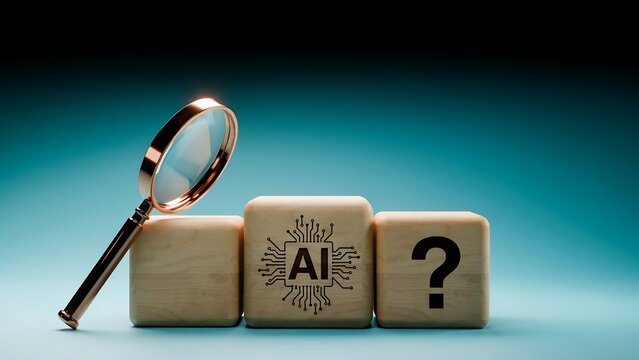 Magnifying glass on wooden blocks with AI question mark symbol
