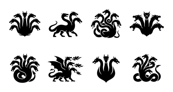Mythical Hydra Icons, Greek Mythology Monsters, Legendary Serpent Creatures, Fantasy Vector Symbols