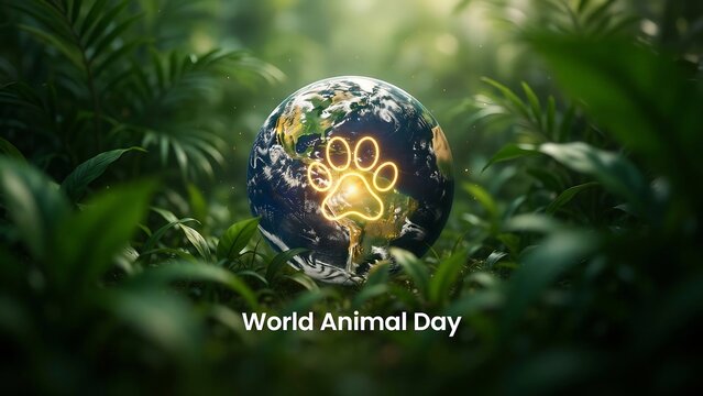 Globe with yellow animal paw print in green forest  World Animal Day concept