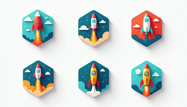 Six colorful hexagonal icons depict rockets launching into sky with clouds, stars. Various rocket designs show space exploration, technology, journey themes with playful style. Modern digital concept