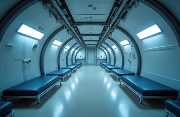 Obraz premium Empty spaceship corridor with rows of blue beds. Futuristic interior with bright lights and sci-fi design elements. Space station habitat walkway with no people inside.
