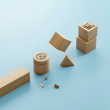 Wooden puzzle pieces with business and recycling symbols on light blue background