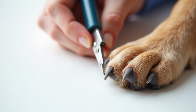 Dog grooming session with focus on pet's paw and nail clipper in hand. Dog nail care includes careful trimming and attention to detail for healthy paws.