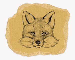 Fototapeta premium Vintage fox illustration, ripped paper collage element