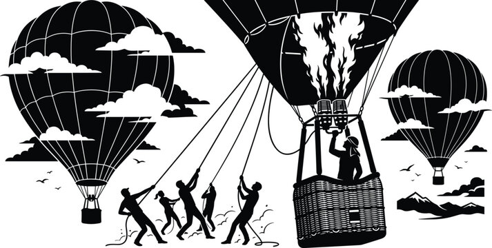 Hot air balloon team preparing for flight with crew pulling ropes and pilot burner