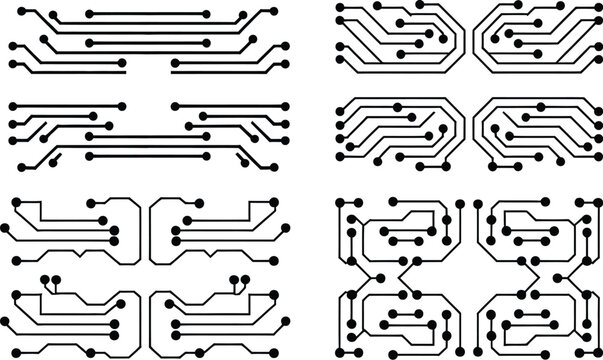 Circuit board technology elements featuring futuristic printed circuit patterns, digital electronics, and high tech innovation vector designs.