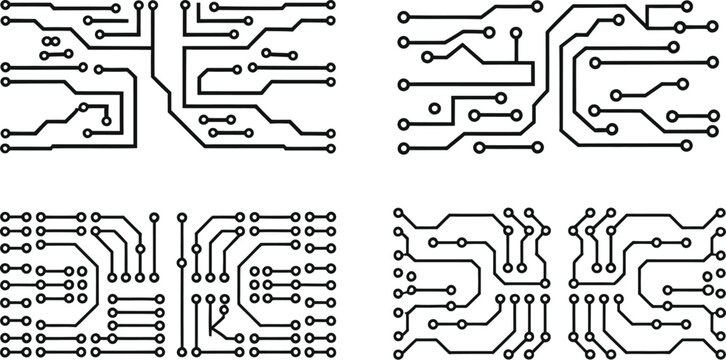 Circuit board technology elements illustrating abstract printed circuit layouts for futuristic electronics and digital engineering vector designs.