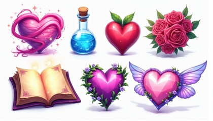 Obraz premium Fantasy heart icons with magic potion book and rose bouquet. Includes winged heart and nature heart with vines. Game assets for love adventure.