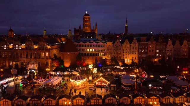 Beautifully lit Christmas market in the Main City of Gdansk at dusk. Poland