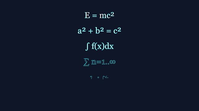 Animated mathematical formulas and physics equations appearing on dark animation 4k background, for science education, and research presentation
